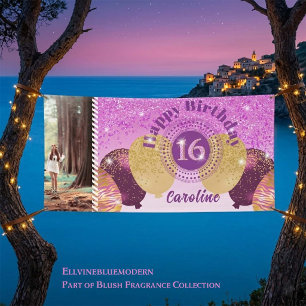 Bannière 16e anniversaire et ballons en paillettes