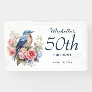 Bannière 50e anniversaire Fleur Rose Oiseau Bleu 
