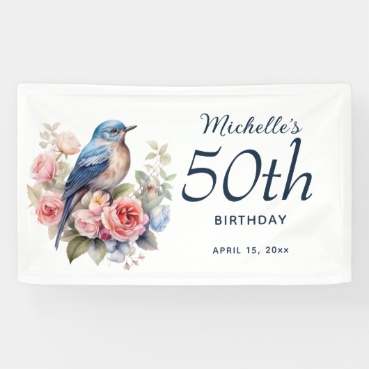 Bannière 50e anniversaire Fleur Rose Oiseau Bleu (Horizontal)