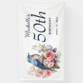 Bannière 50e anniversaire Fleur Rose Oiseau Bleu (Vertical)