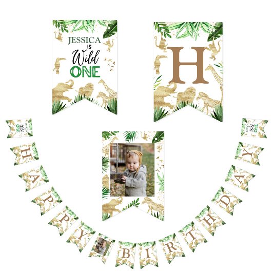 Bannière À Fanions 1st Girl Boy Safari One Wild Birthday Photo