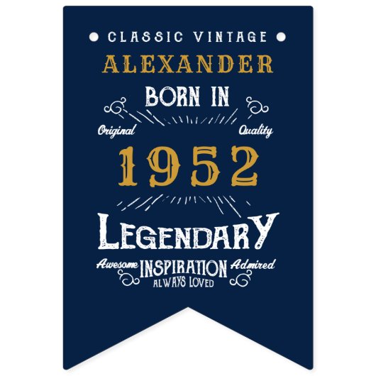 Bannière À Fanions 70th Birthday 1952 Blue Gold Ajouter le nom Retro (Premier drapeau)