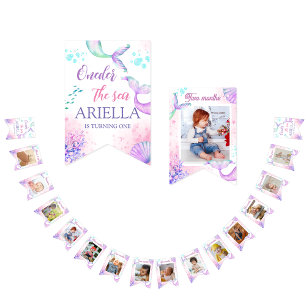 Bannière À Fanions Aquarelle de la queue de sirène Anniversaire sous