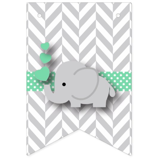 Bannière À Fanions Baby shower d'éléphant gris vert et blanc (Premier drapeau)