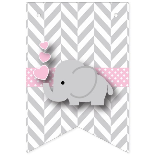 Bannière À Fanions Baby shower d'éléphant rose, gris blanc (Deuxième drapeau)