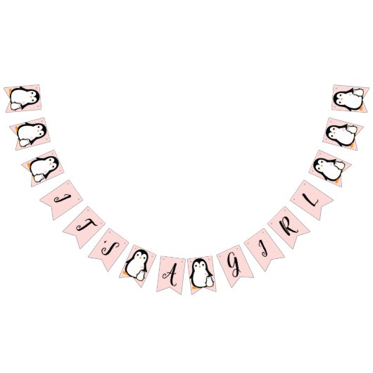 Bannière À Fanions Baby shower Pingouin mignon fille rose (Tout)