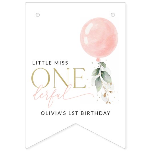 Bannière À Fanions Balcon rose, Eucalyptus, Verdure, Premier Annivers (Premier drapeau)