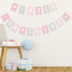 Bannière À Fanions Baptême Sainte Rose Gris Fille Célébration