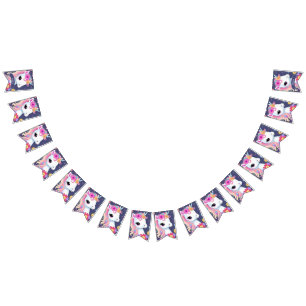 Bannière À Fanions Bébé blanc adorable licorne avec fleurs