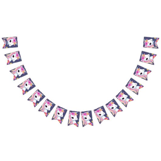 Bannière À Fanions Bébé blanc adorable licorne avec fleurs (Tout)