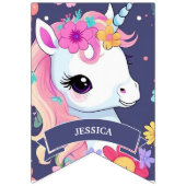 Bannière À Fanions Bébé blanc adorable licorne avec fleurs (Premier drapeau)