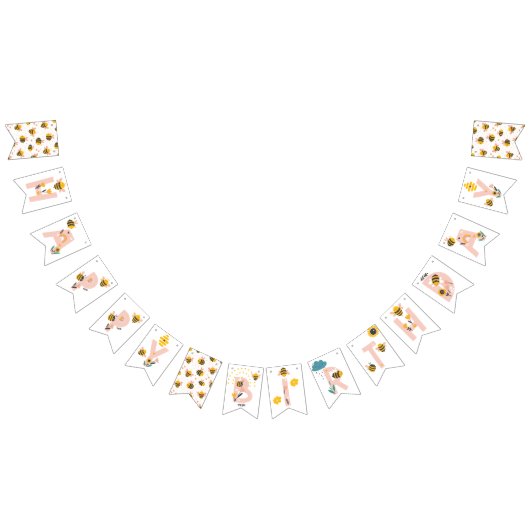 Bannière À Fanions Bee Yellow & Pink Floral ONE 1er anniversaire de b (Tout)