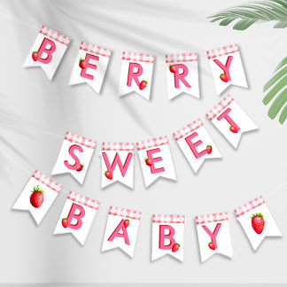 Bannière À Fanions Berry Sweet Baby shower fraise En vichy rose