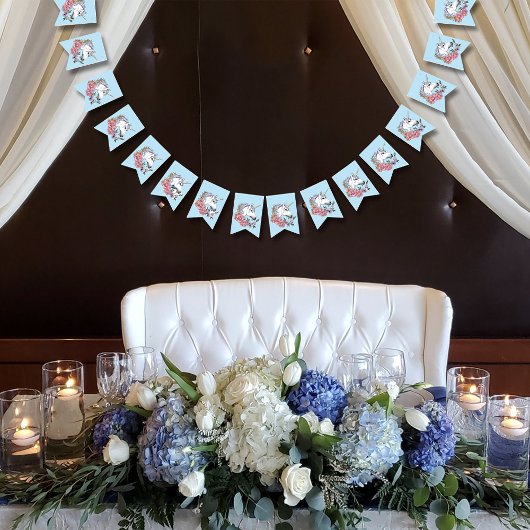 Bannière À Fanions Blanc Unicorne rose Fleurs Bleu