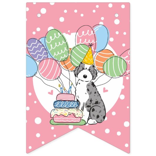 Bannière À Fanions Blue Merle Aussiedoodle Dog Joyeux fête d'annivers (Premier drapeau)