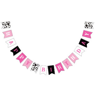 Bannière À Fanions Bonne vache d'anniversaire Imprimer rose noir et b