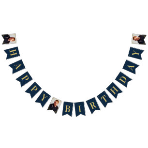 Bannière À Fanions Cadre Photo Navy Or Art Déco Joyeux Anniversaire