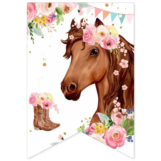 Bannière À Fanions Cheval Joyeux Anniversaire Fille Rose Selle Floral (Premier drapeau)