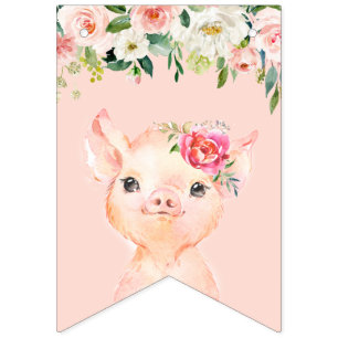 Bannière À Fanions Cochon mignon aux fleurs roses blanches Joyeux ann