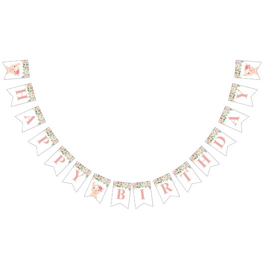 Bannière À Fanions Cochon mignon aux fleurs roses blanches Joyeux ann (Tout)