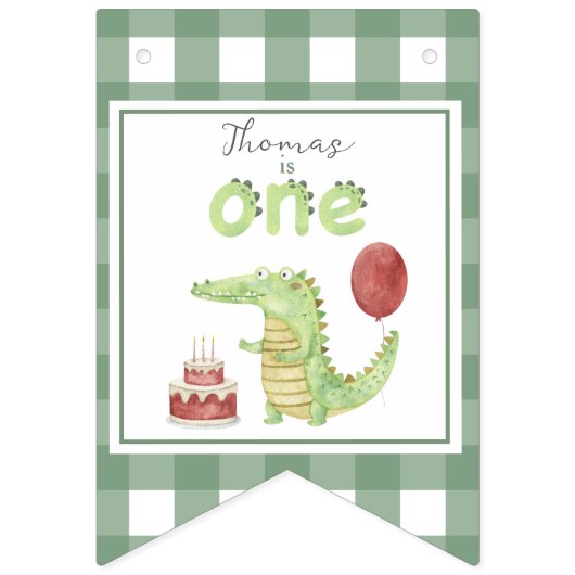 Bannière À Fanions Crocodile d'aquarelle 1er anniversaire (Deuxième drapeau)