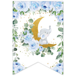 Bannière À Fanions Croissant de lune bleu floral bébé éléphant Shower