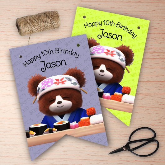Bannière À Fanions Cute Teddy Bear Sushi Chef Fête d'anniversaire