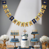 Bannière À Fanions Dieu Nom Béni Or Marine Baptême bleu Communion