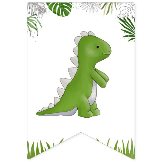 Bannière À Fanions Dinosaure Aquarelle d'anniversaire vert jaune (Premier drapeau)