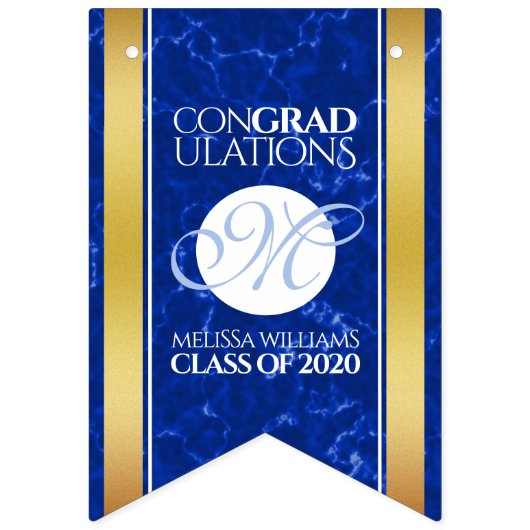 Bannière À Fanions Élégant Graduation Monogramme Bleu Marbre Or Huile (Troisième drapeau)