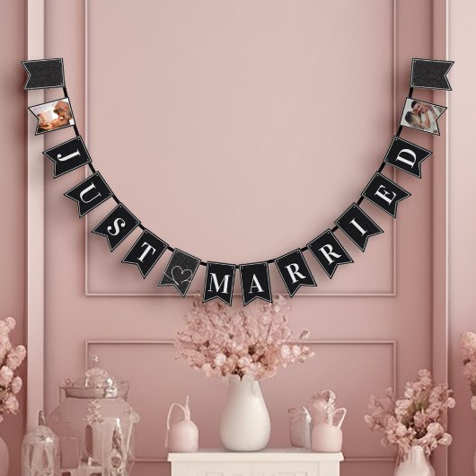 Bannière À Fanions Élégant noir & blanc moderne juste marié