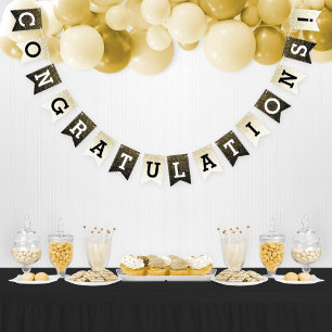 Bannière À Fanions Félicitations Black Gold Glitter Party