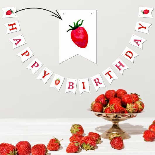 Bannière À Fanions Fraises d'aquarelle douce Joyeux anniversaire