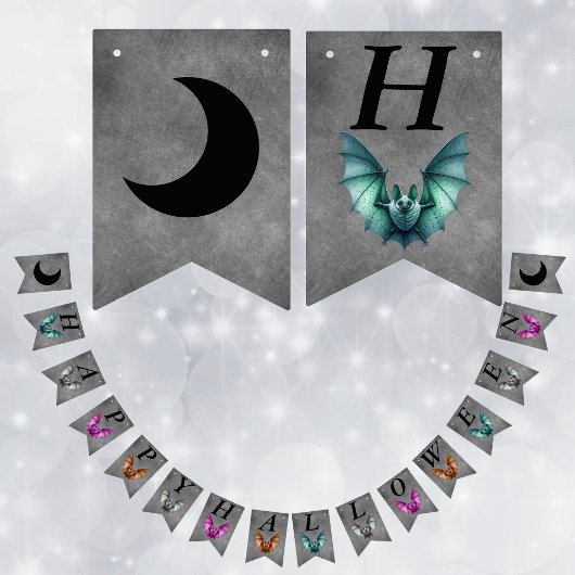 Bannière À Fanions Happy Halloween Colourful Flying Bats Dark Grey