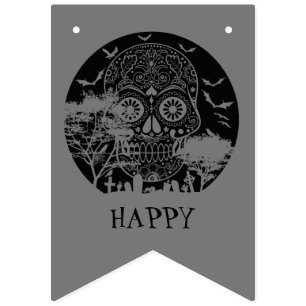 Bannière À Fanions Happy Halloween Crâne sucre Pleine lune de cimetiè
