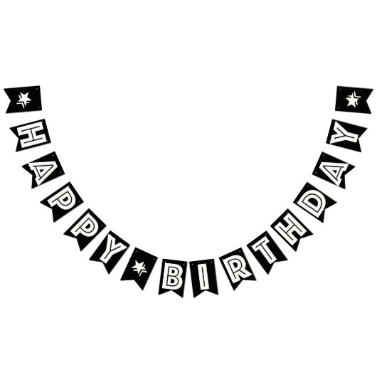 BANNIÈRE À FANIONS HEUREUX ANNIVERSAIRE ‹ WHITE TEXT ON NOIR ARRIÈRE  (Tout)