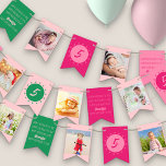 Bannière À Fanions Joyeux anniversaire à vous n'importe quel âge rose<br><div class="desc">Bannière d'anniversaire joyeuse avec 8 de vos photos préférées,  anniversaire heureux personnalisé à vous chanter et drapeaux customisés avec votre âge. Le design a une palette de couleurs girly audacieuse de rose et vert.</div>