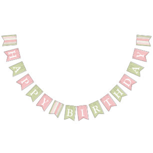 Bannière À Fanions Joyeux Anniversaire Bois Floral Vert Sauge Rose Ru