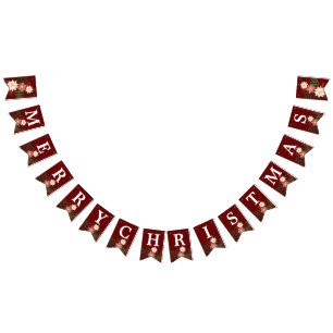 Bannière À Fanions Joyeux Noël Elégant Maroon Poinsettia vacances