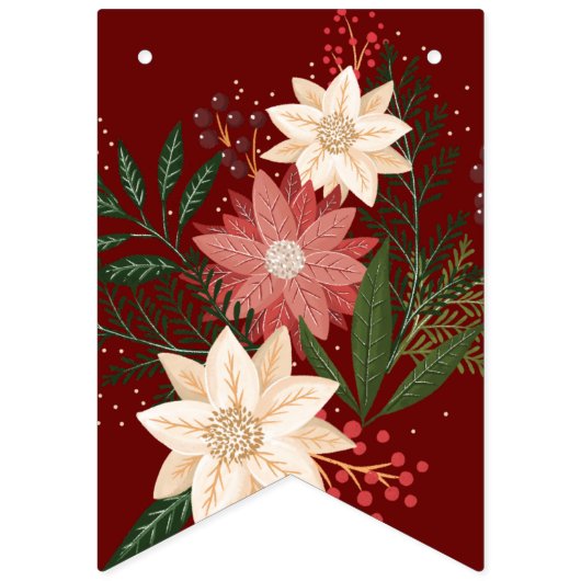 Bannière À Fanions Joyeux Noël Elégant Maroon Poinsettia vacances (Premier drapeau)