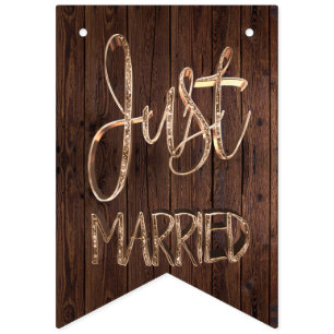 Bannière À Fanions Juste marié Élégant Mariage de Typographie Or Bois