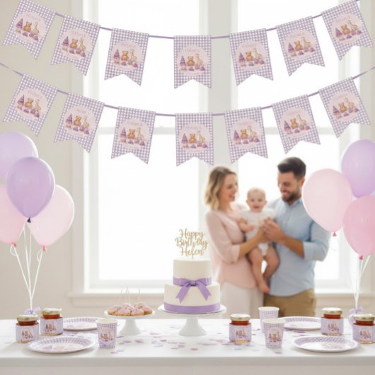 Bannière À Fanions Lavender Gingham 1st Birthday Bunting Flags