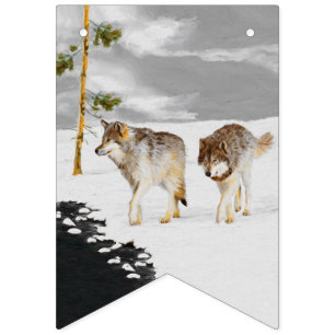 Bannière À Fanions Les loups en peinture sur neige - Art original de