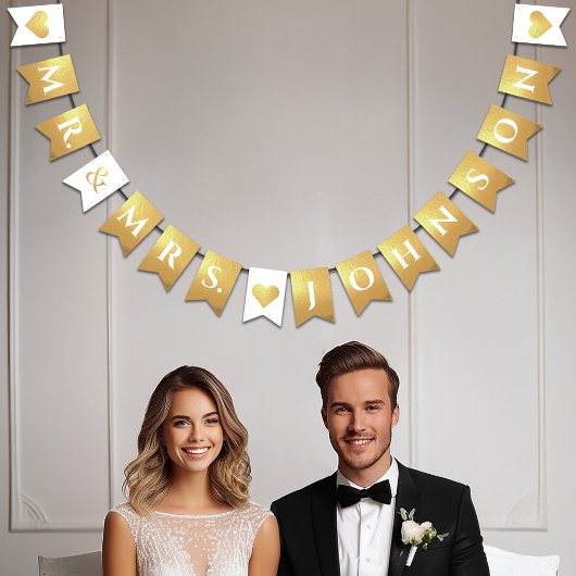 Bannière À Fanions Mariage Faux Gold M. & Mme Nom personnalisé 7 lett