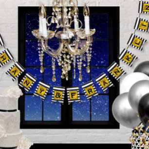 Bannière À Fanions Motif en bande noir et blanc avec Mariage or