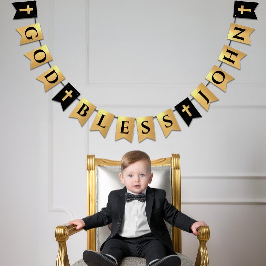 Bannière À Fanions Nom Dieu Béni Black Gold Confirmation religieuse