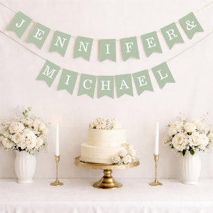 Bannière À Fanions Noms de mariés simple sage vert pour mariage