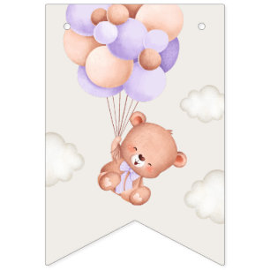 Bannière À Fanions Ours De Bébé, Ballons Violets, Premier Anniversair