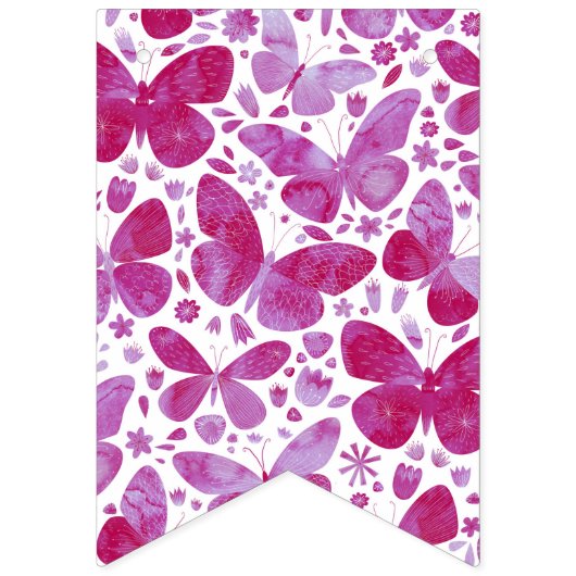 Bannière À Fanions Papillons Aquarelle Magenta Rose (Troisième drapeau)