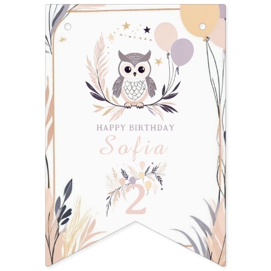 Bannière À Fanions Pastel Boho Owl et Balloons Anniversaire (Premier drapeau)